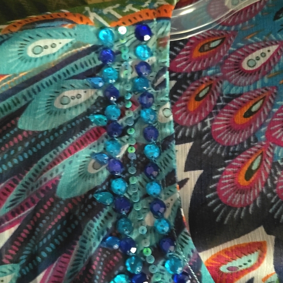 Sheer Colorful Peacock jeweled embellished adjustable Kimono Cover up Sz OS - Picture 9 of 9